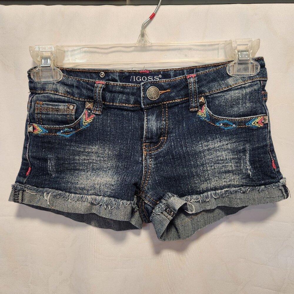 Vigoss Jean Shorts Youth Girls 10 Embroidered Pockets Rolled Cuff Dark Wash
